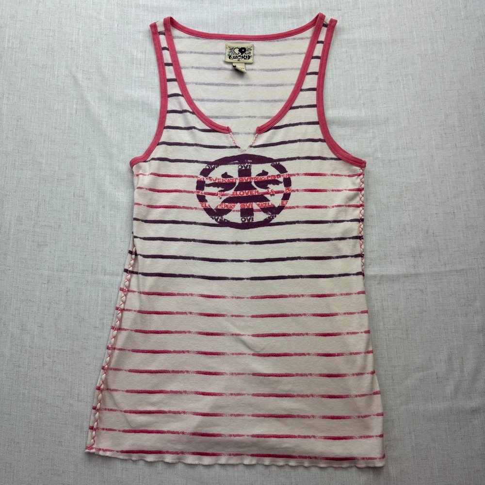 Lucky Brand Womens XL Striped Peace Sign Tank Top Pink Purple Cotton Boho XL